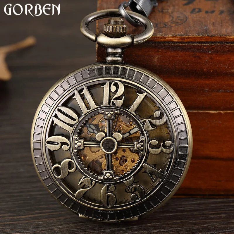 

Retro Bronze Hollow Digital Number Dial Mechanical Pocket Watch Waist Chain Vintage Steampunk Classical Mens Clock Pocket Watch