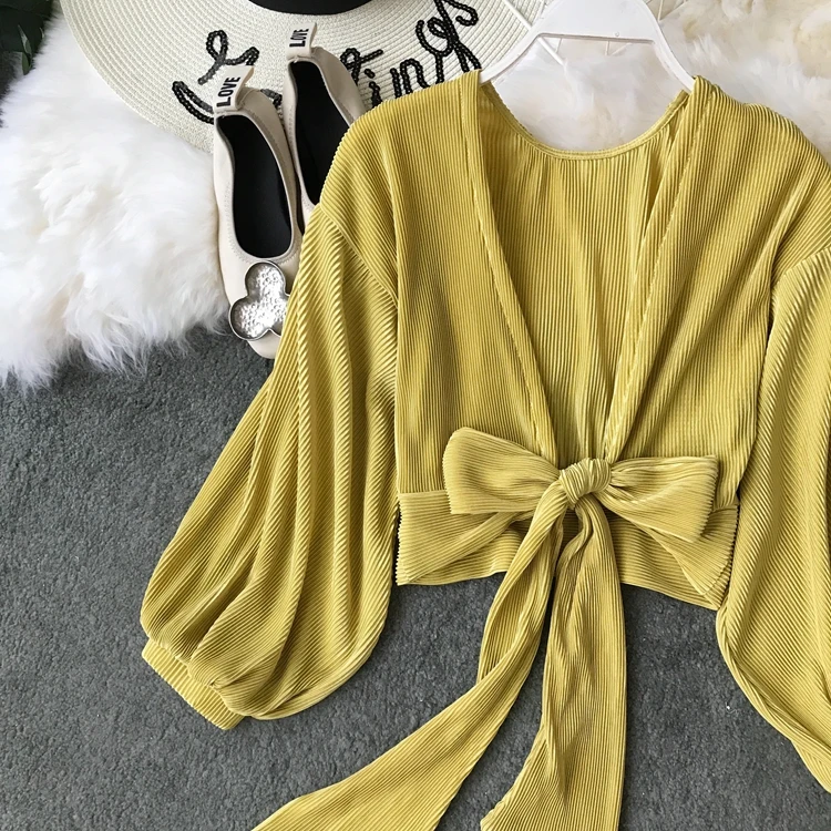 ALPHALMODA, весна-лето, плиссированные шифоновые блузки с v-образным вырезом, галстук-бабочка, пояс, рукав-фонарик, Женская однотонная модная одежда