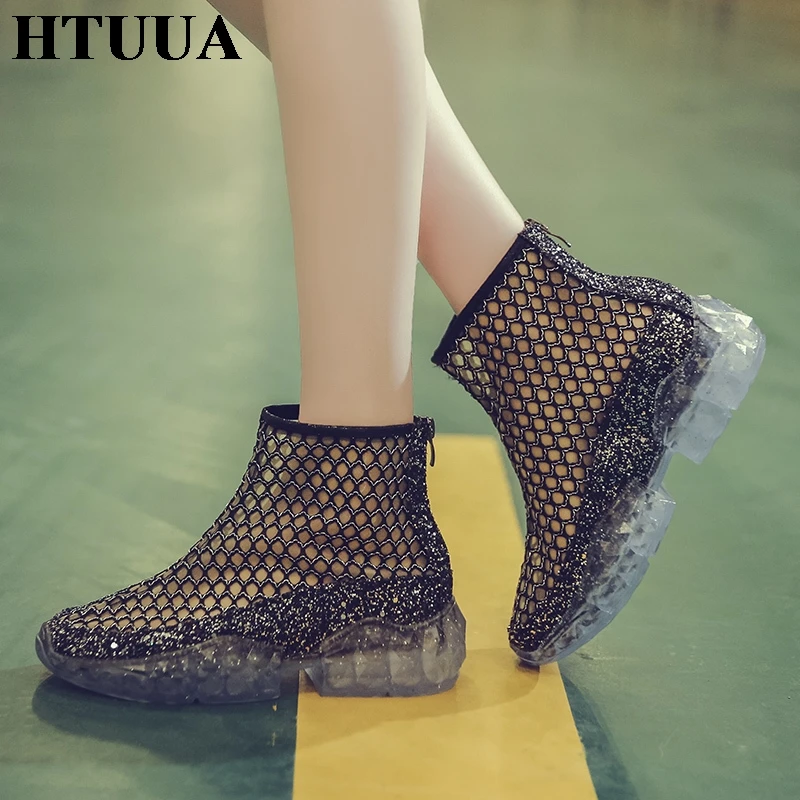 HTUUA/2019 женские босоножки из дышащей сетки Летняя обувь на платформе и танкетке