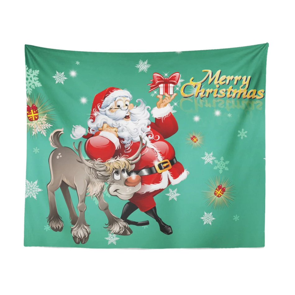 

Green Christmas Tapestry Cartoon Santa Claus Deer Print Wall Hanging Festival Gift Cartoon Wall Carpet Thin Blanket Home Decor