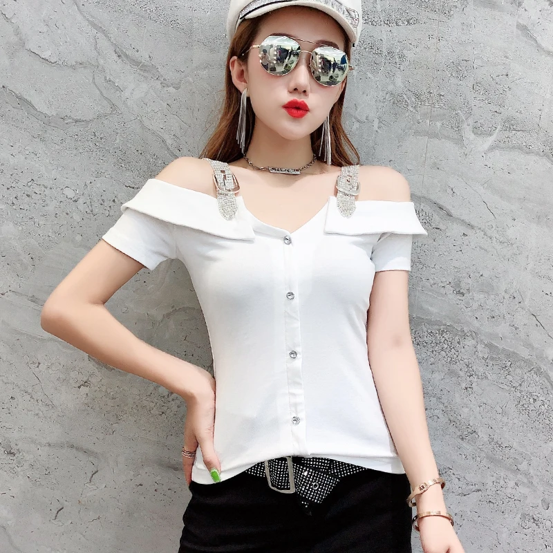 White short sleeve Сексуальный пуловер с вырезом лодочкой и бриллиантами, футболка, новинка, летний женский топ с коротким рукавом, рубашка, одежда, Camiseta Mujer T96507 - Цвет: White short sleeve