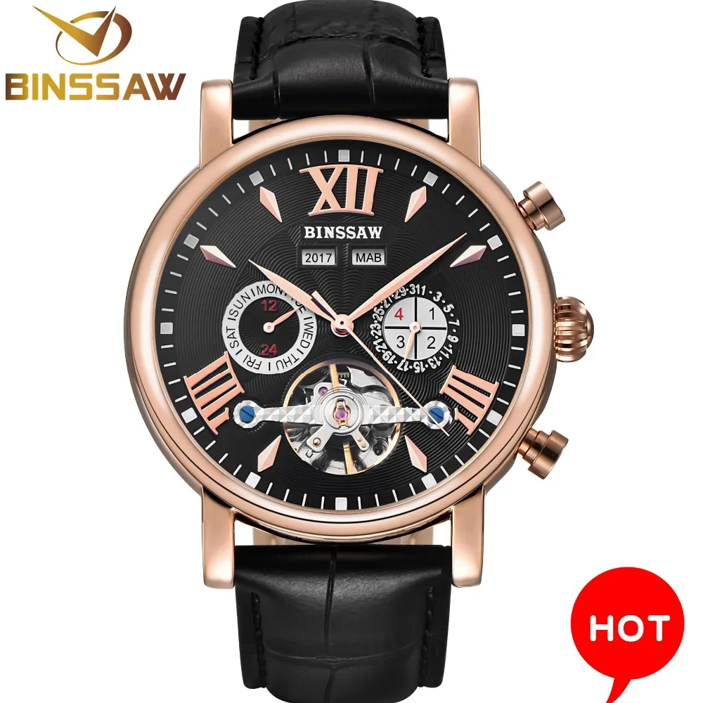 BINSSAW мужские часы Топ люксовый бренд автоматические механические Moon Phase кожа Мода