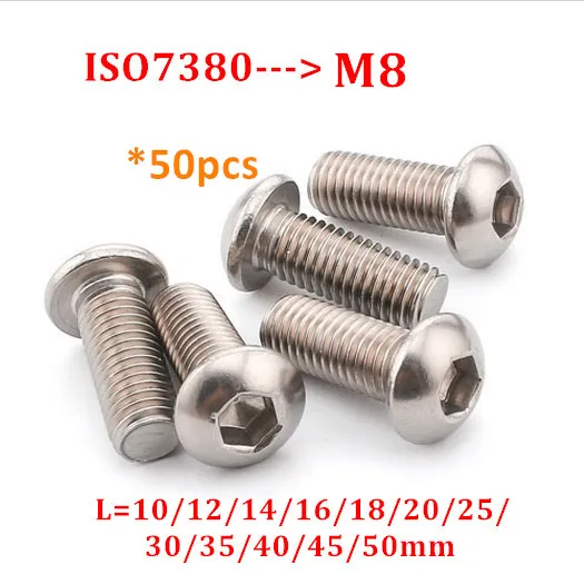 

50pcs ISO7380 M8 Button Head Screw 304 stainless steel A2 Hexagon Socket Round Head Screw Hex Socket Screws Bolts Length 10-50mm