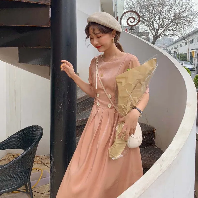 Fashion 2019 Summer New Solid Beach Long Dress Women Vintage Short Sleeve Empire A-Line Female Casual Mid Dresses | Женская одежда