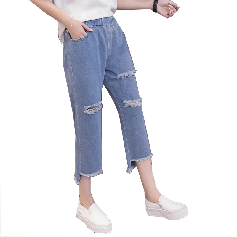 2019 весна лето размера плюс женские брюки корейская мода рваные укороченные