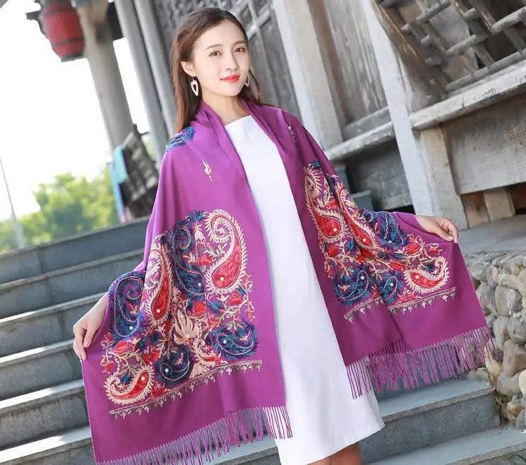 purple 70*200 см,, осенне-зимний шарф с цветочной вышивкой кешью, шаль, шарфы с бахромой, Женский однотонный шарф, брендовый дизайн, Bufanda Mujer - Цвет: purple