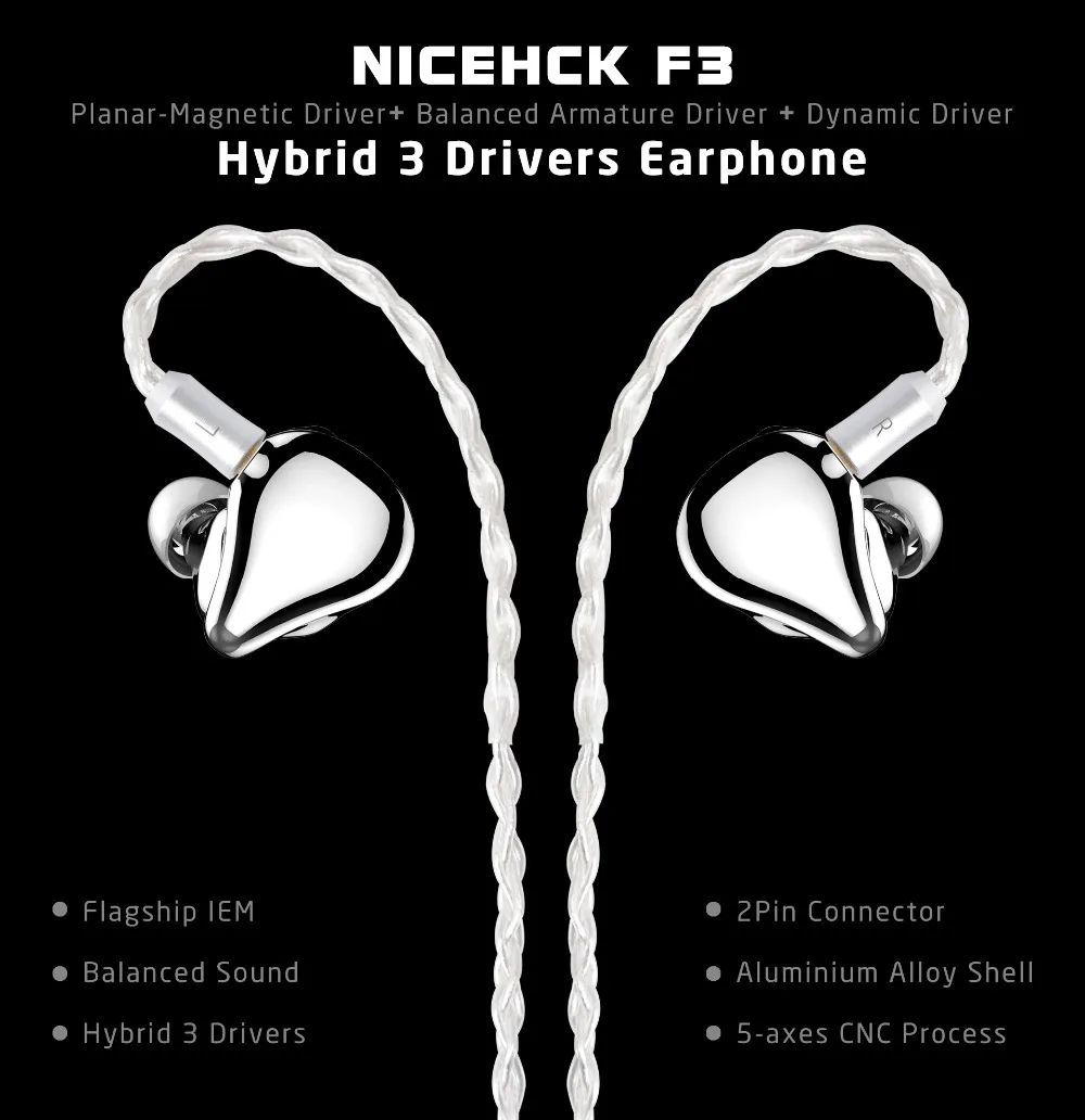 NICEHCK F3 флагманский плоскостной транзистор привод+ 1BA+ 1DD Hybrid 3 привод в ухо наушники съемный, Hi-Fi, металлическая гарнитура 5 осей CNC наушники