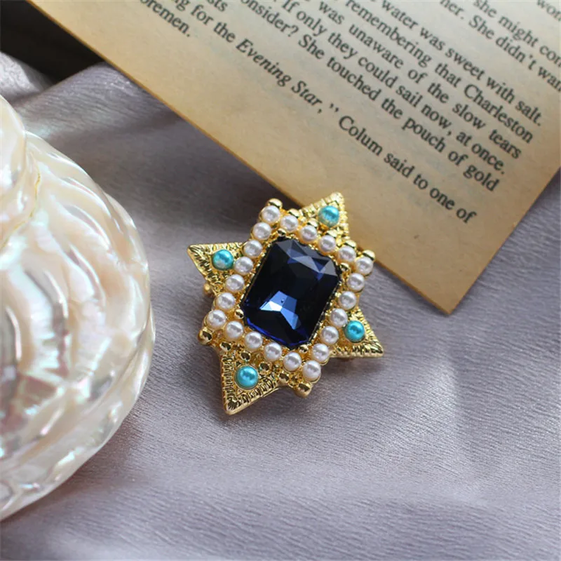brooch Новинка, Ретро стиль, инкрустированная чернильно-голубым стеклом брошь с искусственным жемчугом, 925 серебряные серьги-гвоздики, клипсы для ушей - Окраска металла: brooch