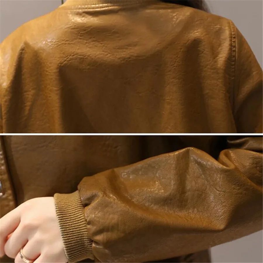 DANCING WINGS Korean style loose stand collar women's pu leather jacket motorcycle