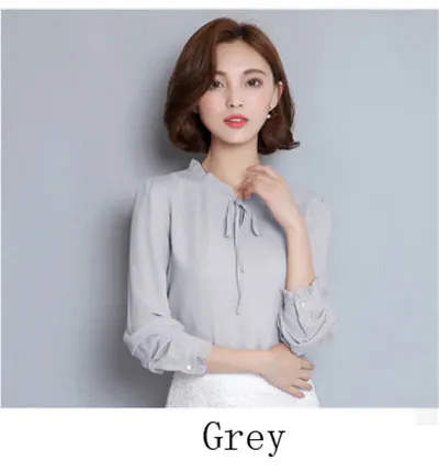 WL007grey Женские летние топы, длинный рукав, одноцветная шифоновая блузка с оборками, рубашка, повседневная женская белая рубашка, рабочая одежда размера плюс - Цвет: WL007grey