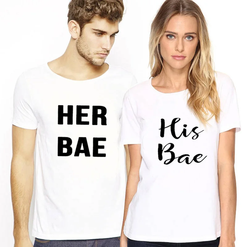 Летняя новая брендовая футболка для пары с буквенным принтом her bae забавная