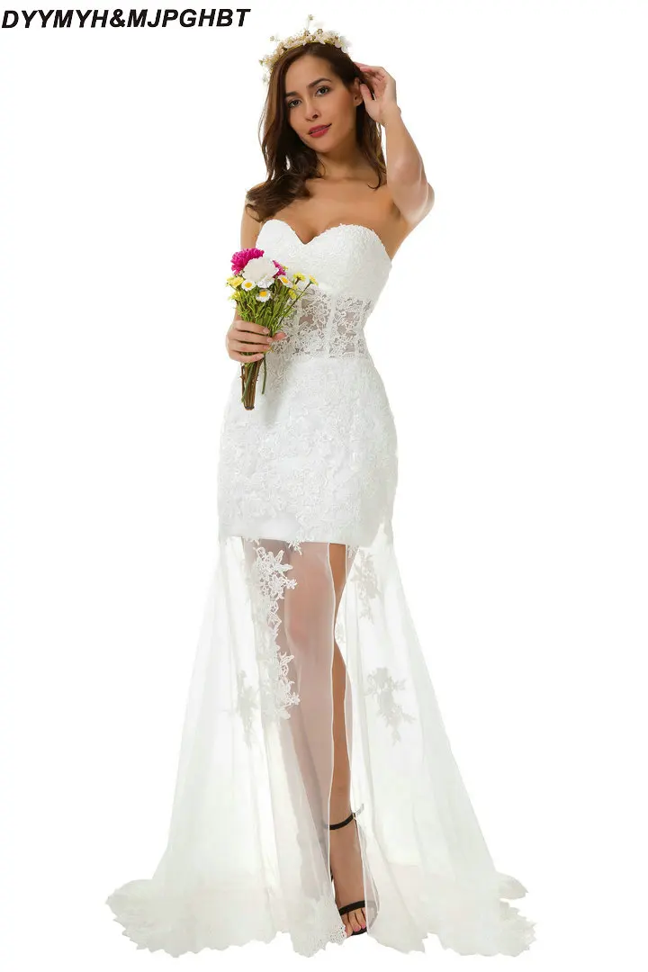 

2018 Wedding Dress Side Split Appliques Lace Transparent Bottom Bridal Gowns