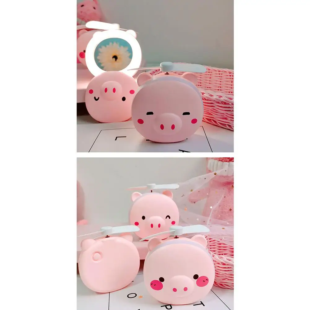 HobbyLane 1pcs Portable LED Cartoon Pig Fill Light Makeup Mirror Fan Bright Adjustable USB Charging Portable Handheld Mini Fan