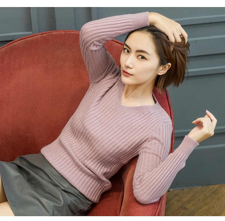 

pure goat cashmere women's basics sweater pullover V-neck regular thick watermelon red 8color S-2XL