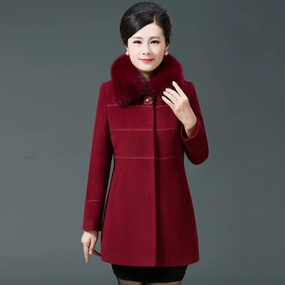 Red wine Большие размеры 5XL роскошные женские зимние пальто из искусственного меха с воротником из смесовой шерсти для женщин среднего возраста тонкая однобортная верхняя одежда T293 - Цвет: Red wine