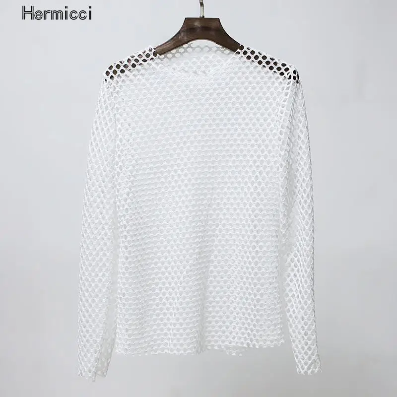 Модная женская сексуальная черная прозрачная сетчатая рубашка Hermicci свободная