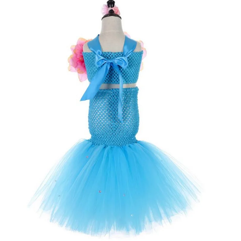 

2021 Girls Mermaid Costumes With Flower Tops Headband Set For Girl Mermaid Tutu Dress Kids Fancy Theme Party Dress Vestido 2-8Yr