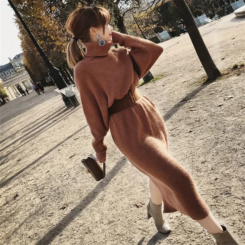 voceelinda 2019 Winter Women Warm Long Sleeve Knitted Sweater Dress Pullover Turtleneck Casual with Belt | Женская одежда