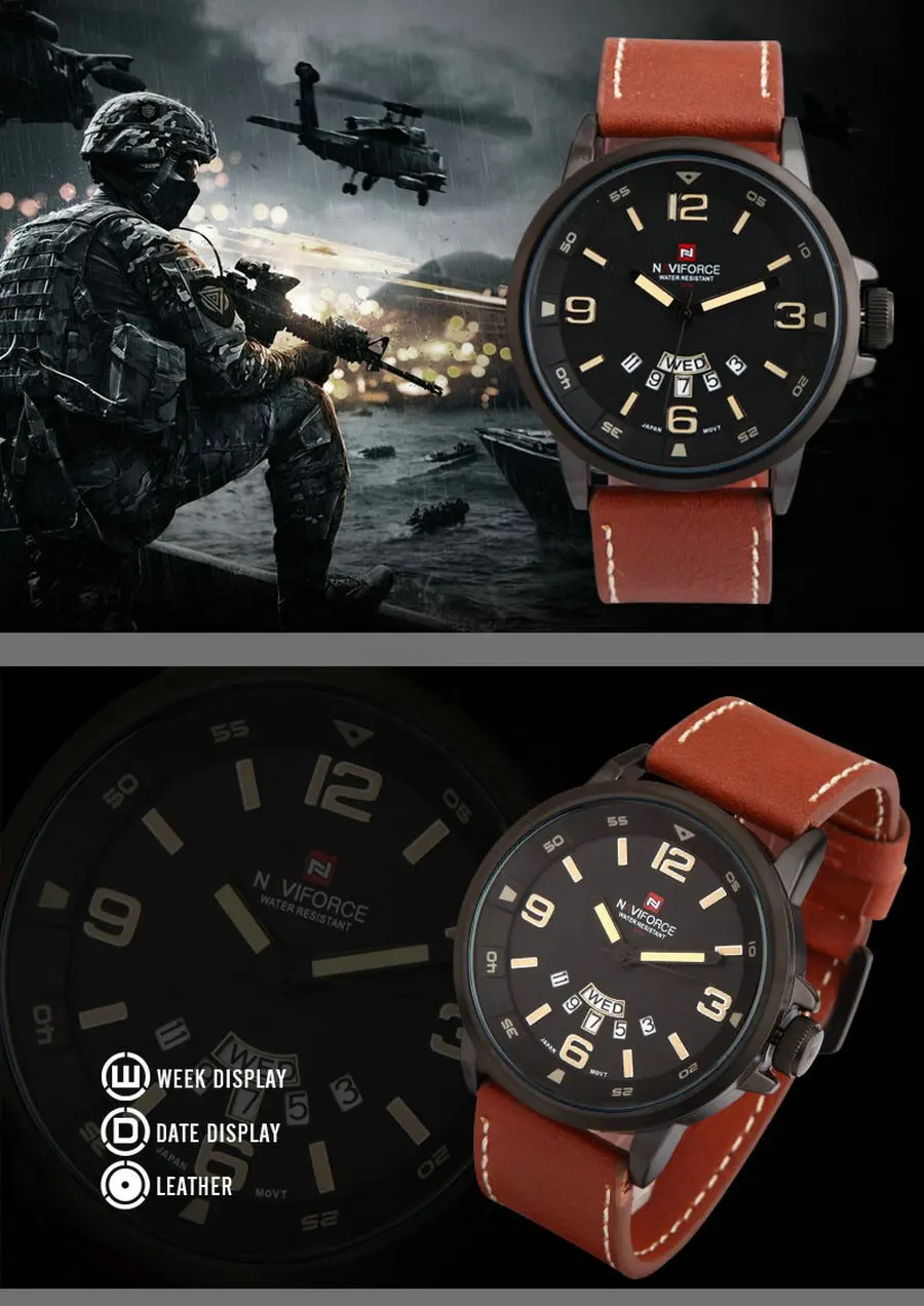 NAVIFORCE брендовые армейские военные спортивные часы для мужчин из натуральной кожи специальный дизайн с календарем 30 м водонепроницаемые аналоговые кварцевые наручные часы