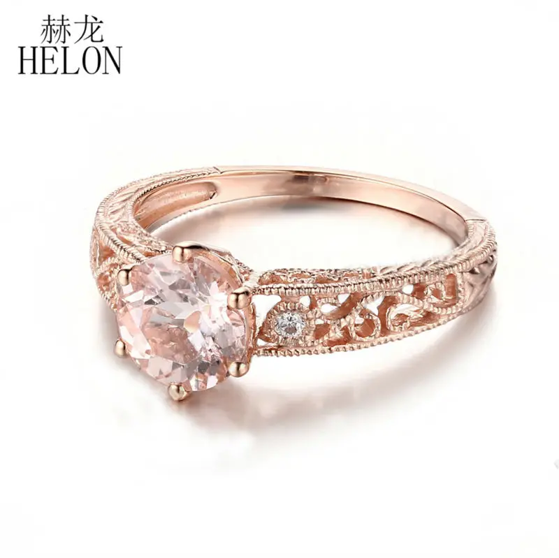 HELON 6.5mm Round Cut 1.37ct Genuine Morganite Solid 14KT Rose Gold Natural Diamond Fine Jewelry Engagement Gemstone Women Ring | Украшения