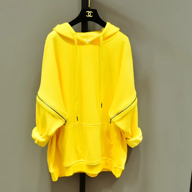 Yellow Новинка; сезон весна-осень; Модные Плотные женские толстовки с капюшоном; топы на молнии с рукавами «летучая мышь»; однотонные женские пуловеры; однотонные - Цвет: Yellow