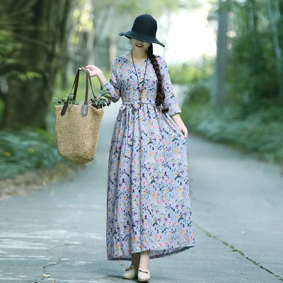 Летние Для женщин из хлопка и льна с цветочным принтом Robe платье на бретелях Этническая Винтаж Мори Девушка Свободные Boho Beach-линии платья Vestidos - Цвет: blue