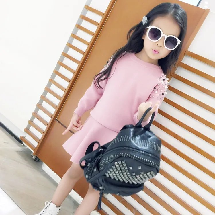 Spring Winter baby sweater + knitted skirt girls 2 pcs set kids knit suit children quality clothes pearl patch solid 4 to 9 yrs | Мать и