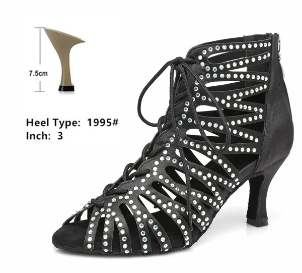 black 7.5cm Salsa Dance Boots Black Shining Lace Zipper Opening for Wedding Party Ballroom Social Dancing Glitter Women Sandals Medium 7.5cm - Цвет: black 7.5cm
