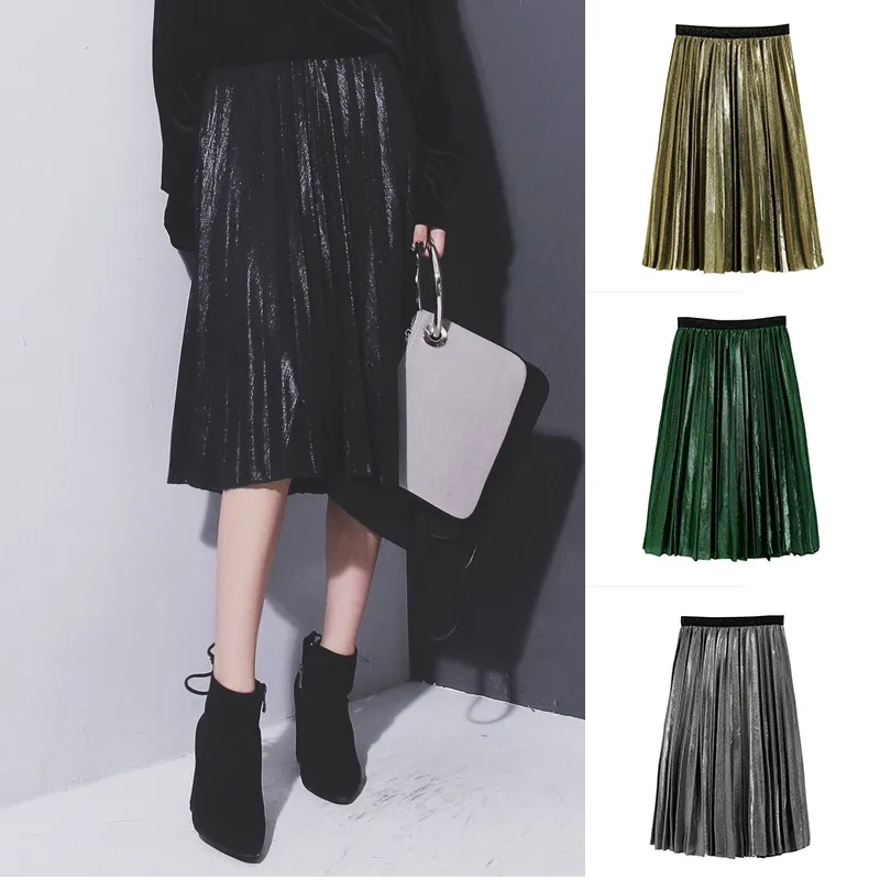 Danjeaner, женские юбки серебристого цвета металлик, Осень-зима, повседневные, теплые, облегающие, высокая талия, плиссированные юбки, модные, вечерние, Клубные юбки