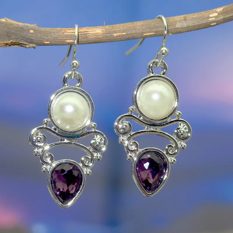 Tisonliz Purple Crystal Silver Long Dangle Earrings for Women Wedding Brincos Vintage Engagement Drop Earring Gifts Jewelry | Украшения и