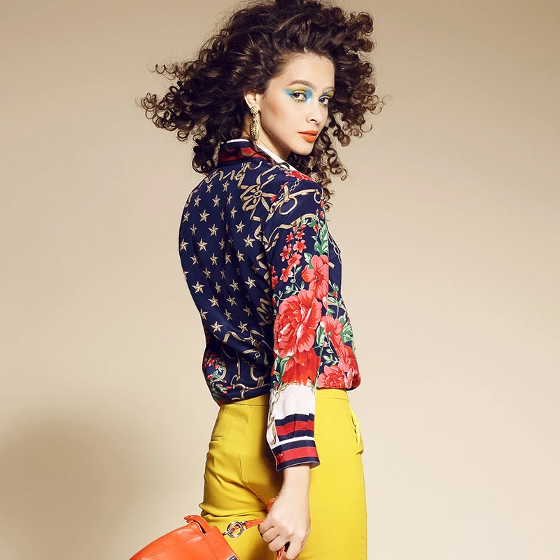 

Nice Spring And Autumn Print Shirt Female long-sleeve all-match Loose Silk turn-down Collar Fashion Shirt Fashion