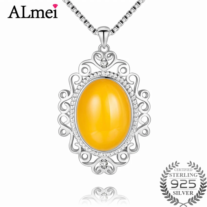 

Женское Ожерелье Almei из серебра ожерелье с большим кулоном пробы с вставкой, с желтым халцедоном 8 карат, FN065, 925