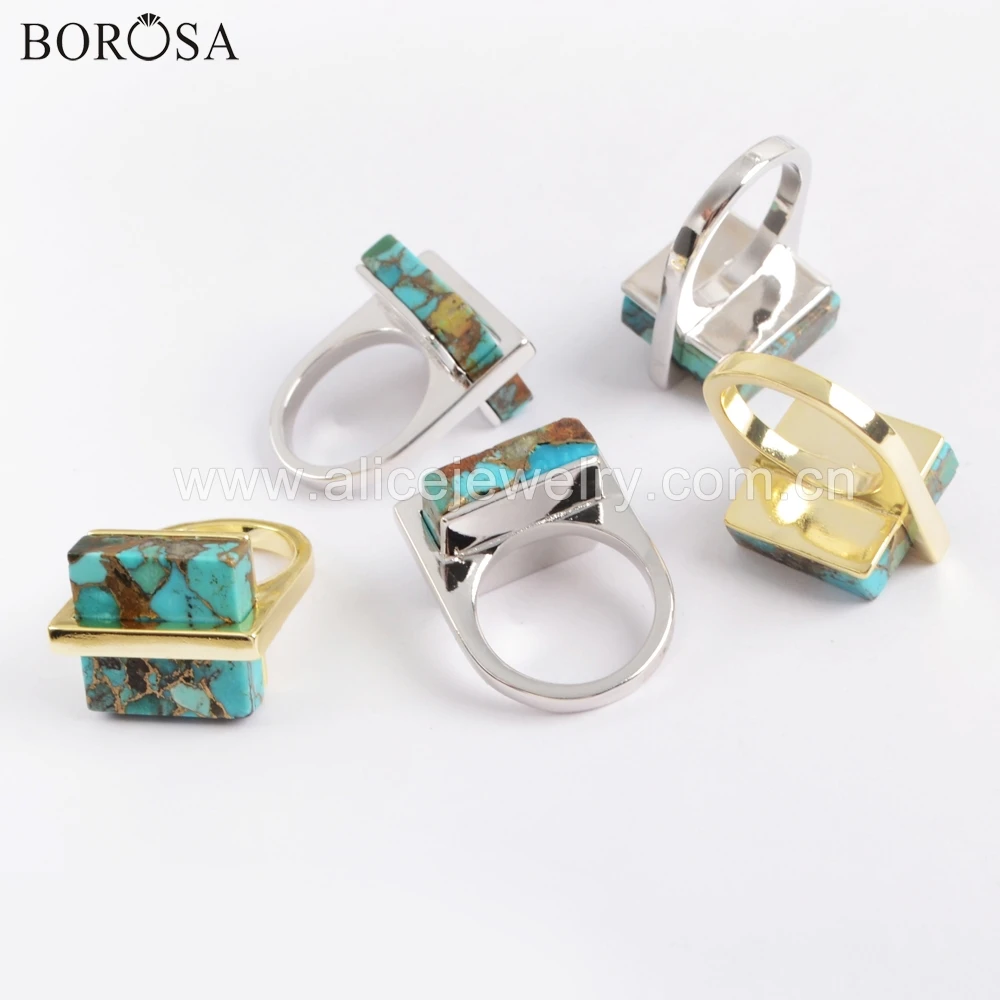 BOROSA 6 шт. Гальванизированный 17 мм квадратный медь натуральная Бирюза Кольцо драгоценные камни кольца помолвка ZG0377
