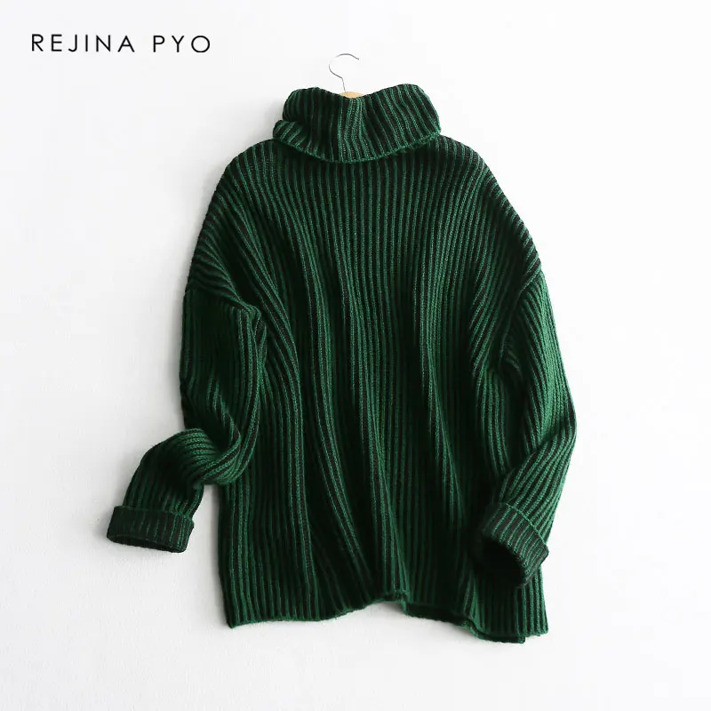 BIAORUINA Women High Quality Chic Contrast Color Striped Solid Knitted Sweater Pullovers Turtleneck 2019 Spring New Arrival | Женская