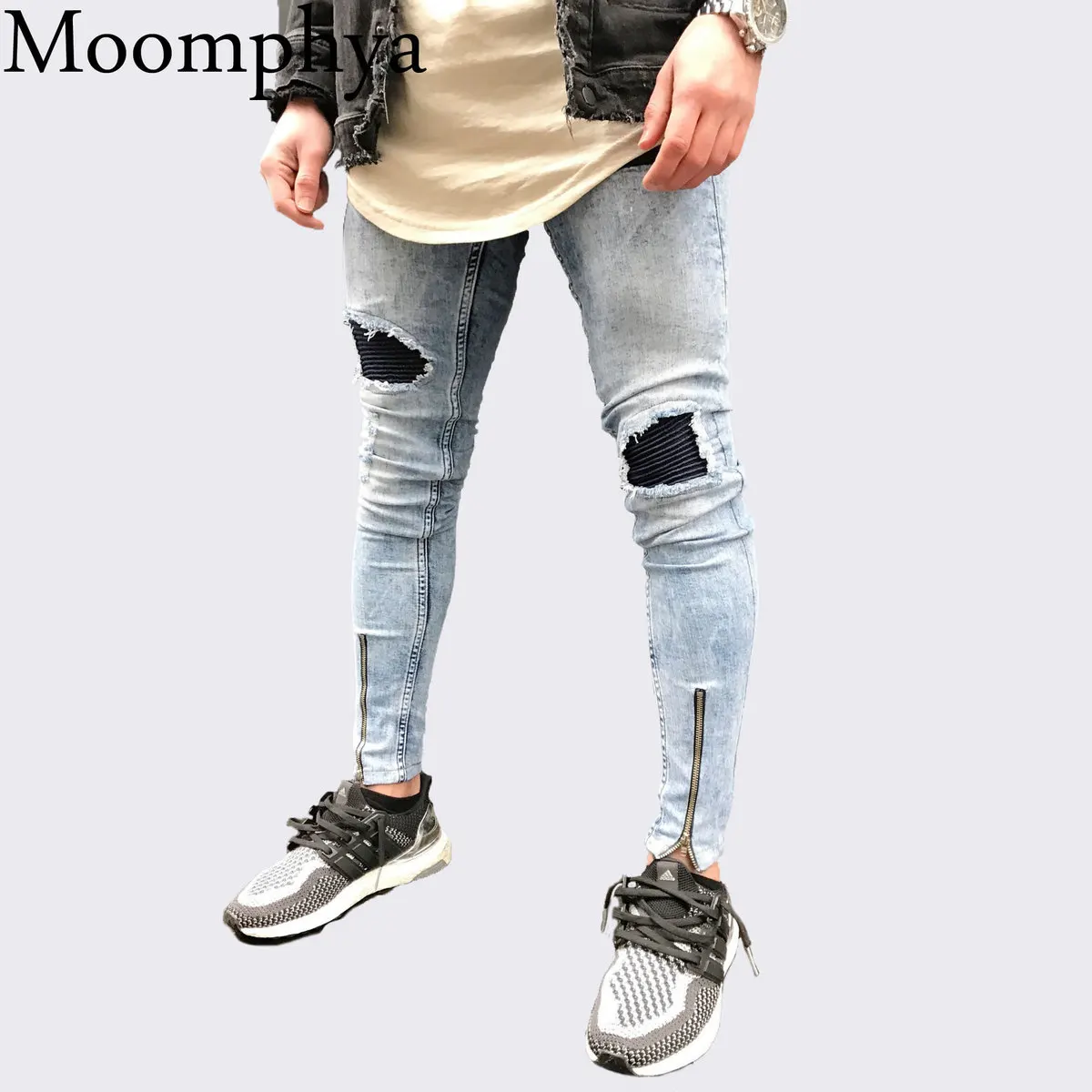 Мужские синие джинсы Moomphya облегающие в стиле хип хоп потертые рваные на молнии