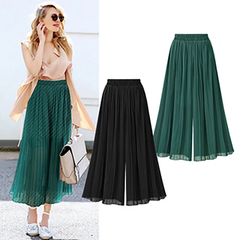 Plus Size Chiffon Pants Women Pleated Pant Thin Wide Leg Ankle Length Wide-Legged Trousers High Waist Casual Skirts | Женская одежда