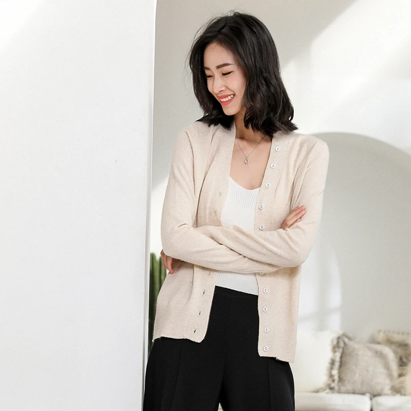 Women's Long Sleeve Knitted Cashmere Cardigan Sweater Ladies Autumn V-Neck Solid Cardigans Female Fashion Trendy Tops Beige grey |