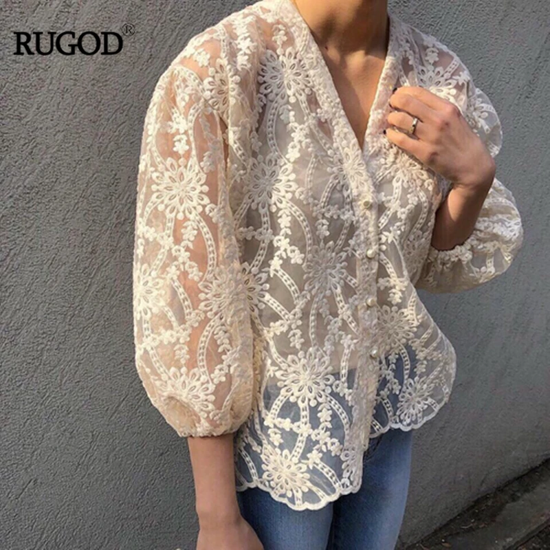 RUGOD открытые кружевные Элегантные однотонные женские рубашки с v образным