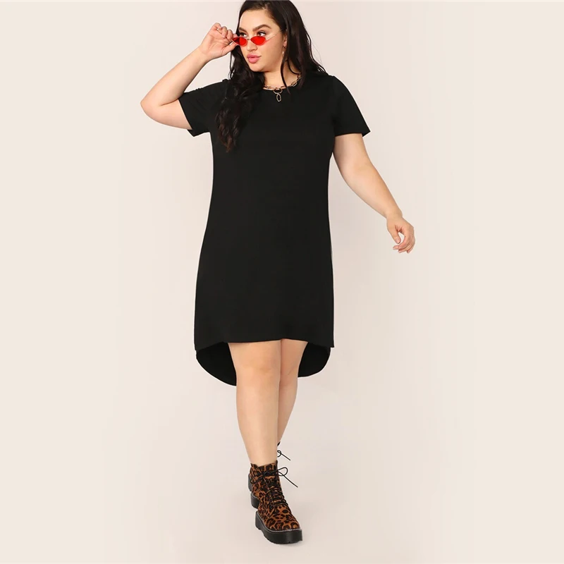 SHEIN, платье-туника размера плюс, черное, с разрезом, с высоким-низким подолом, однотонное,, женское, летнее, повседневное, с разрезом, прямое, плюс платья