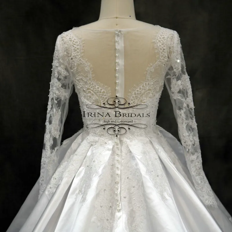 Vestido de noiva манга длинный рукав кружева аппликация v-образным вырезом атласное