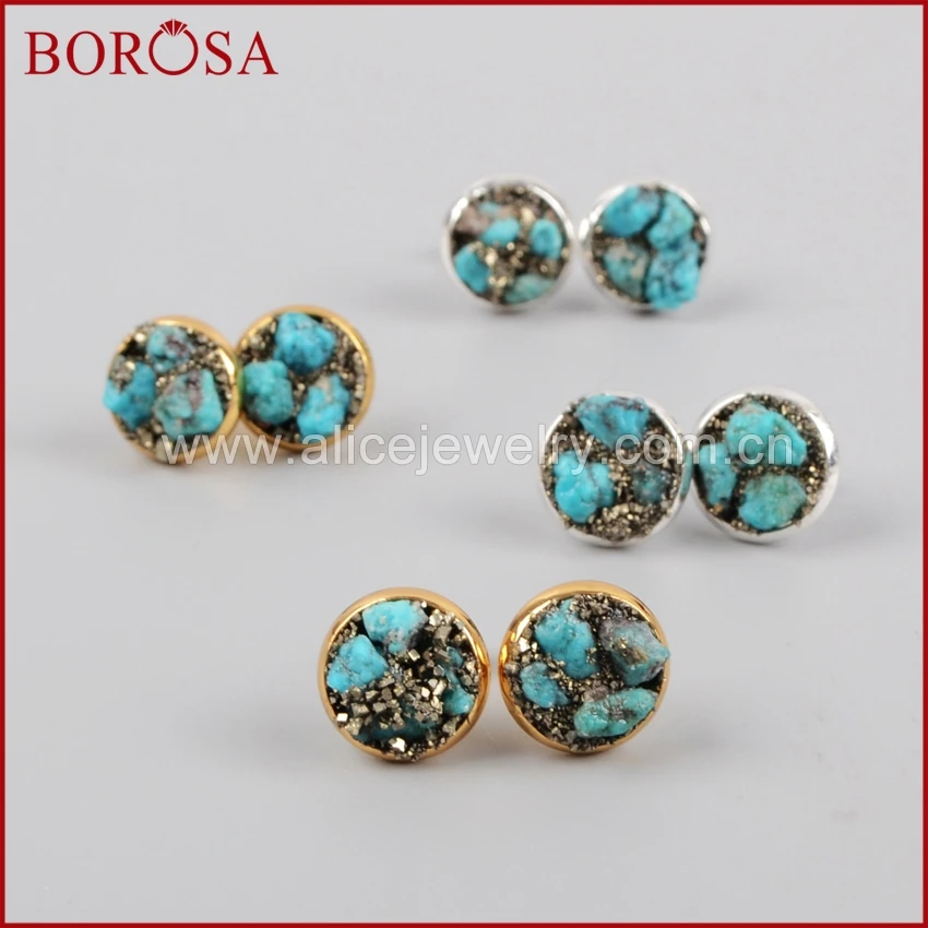 Круглые серьги BOROSA с натуральными камнями золотые/Серебристые гвоздики из