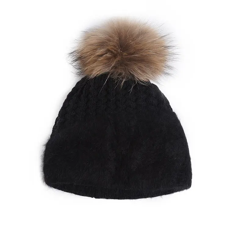 black Pom Pom Charles Perra, женская шапка, Корейская версия, модная, теплая, кроличья шерсть, вязаные шапки, элегантные, женские, зимние шапки 3224 - Цвет: black Pom Pom