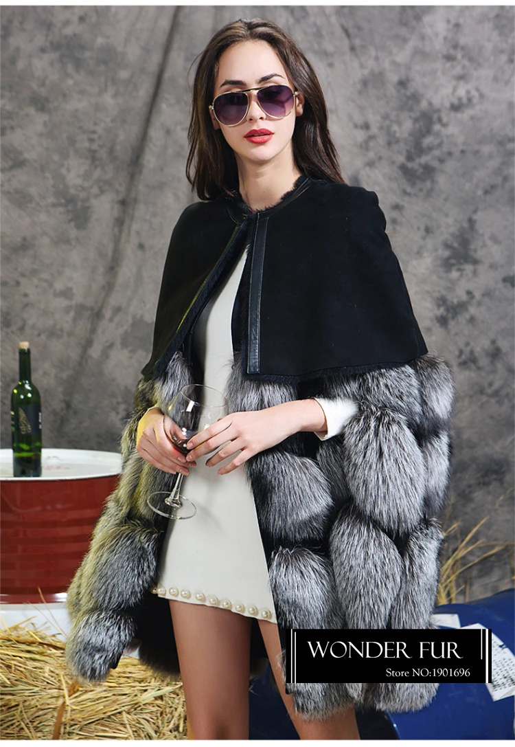 Уникальный Стиль натуральное серебряное пончо с мехом лисы Мериносовой овцы