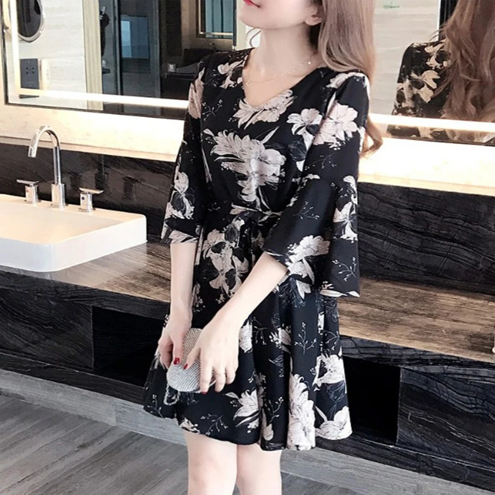 ГОРЯЧЕЕ черное винтажное платье с цветочным Расклешенным рукавом повседневное