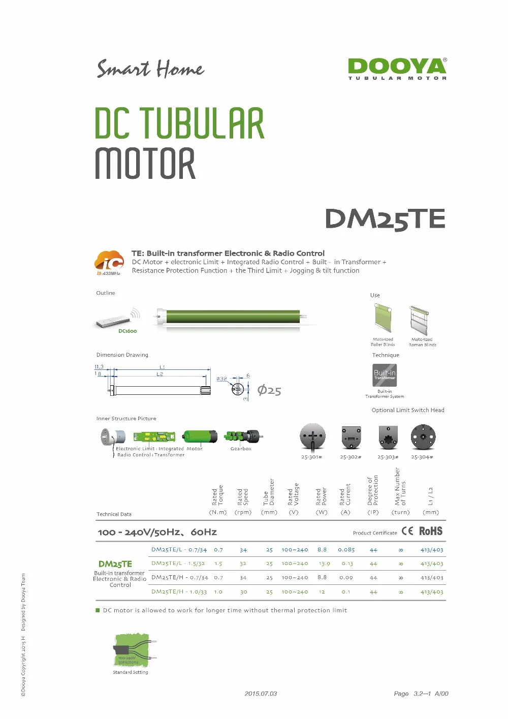 Dooya трубчатый двигатель DM25TE/L-1.1 DM25TE-1.1 38 мм мотор для рулонных жалюзи высота 180 см