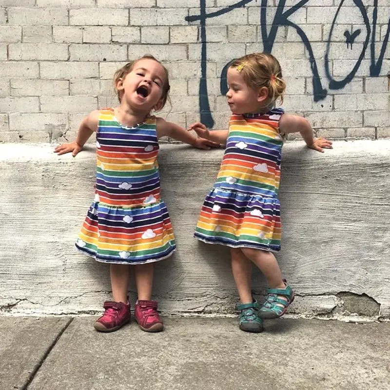 От 2 до 6 лет платье с радужным облаком для маленьких девочек Хлопковое без