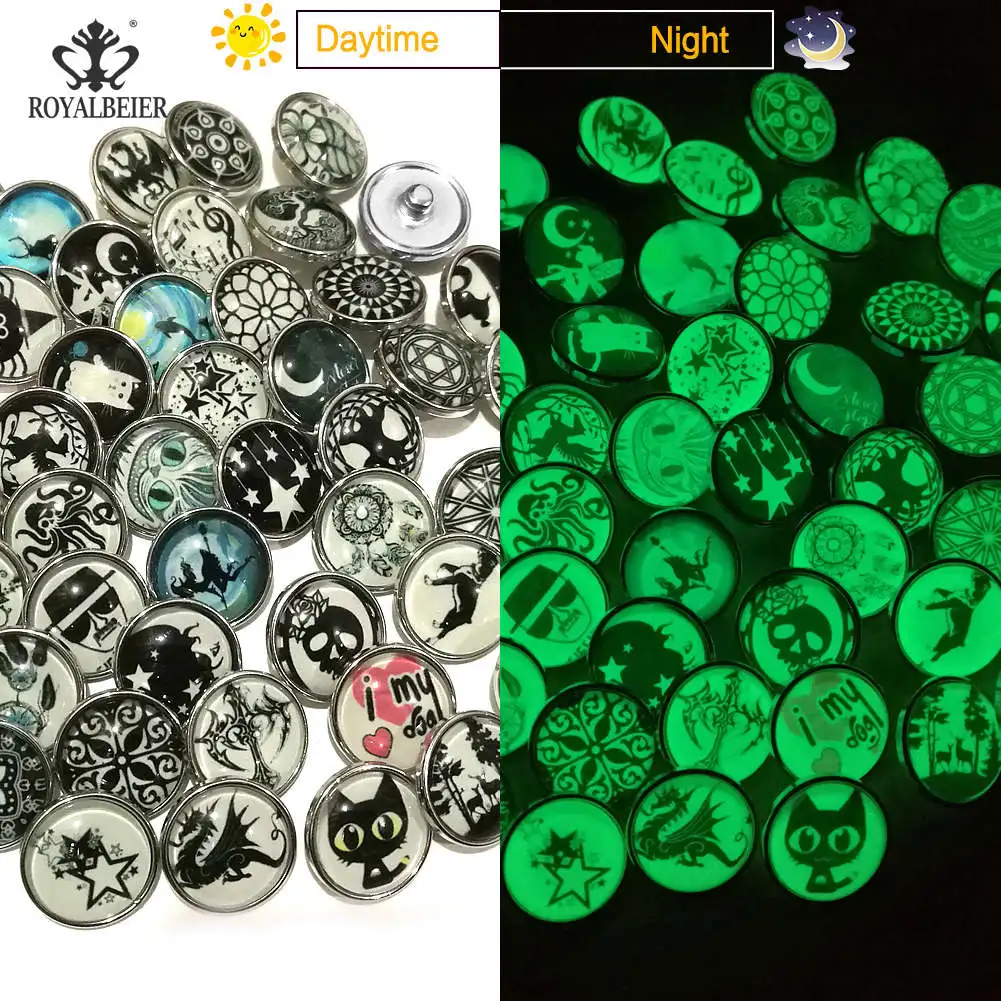

RoyalBeier Luminous Series Mixed Pattern 18mm Snap Buttons 12pcs/Lot Cabochon Glass Snaps DIY Bracelets For Charms Jewelry Gift