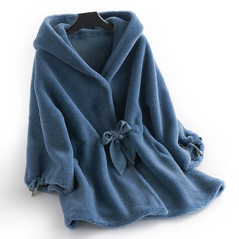 AYUNSUE Real Fur Coat Winter Woman Coats Korean Fashion Casual Midi Long Wool Hooded Jacket Elegant Ldies Outwear B18F23350 - Цвет: Blue