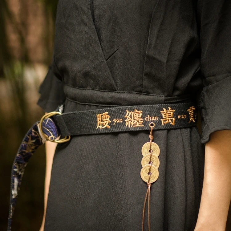 Y Demo Харадзюку холщовый ремень китайский буквенный вышивка Двойные кольцевые