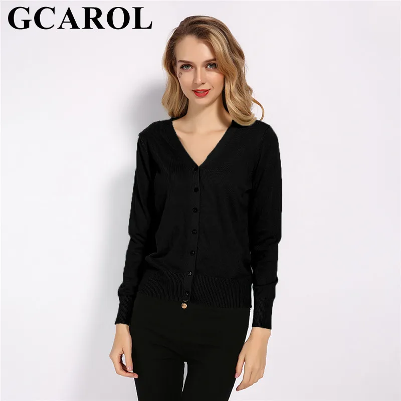 Black GCAROL осень зима v-образный вырез женский Укороченный кардиган 30% шерсть свитер стрейч однобортный OL трикотаж - Цвет: Black